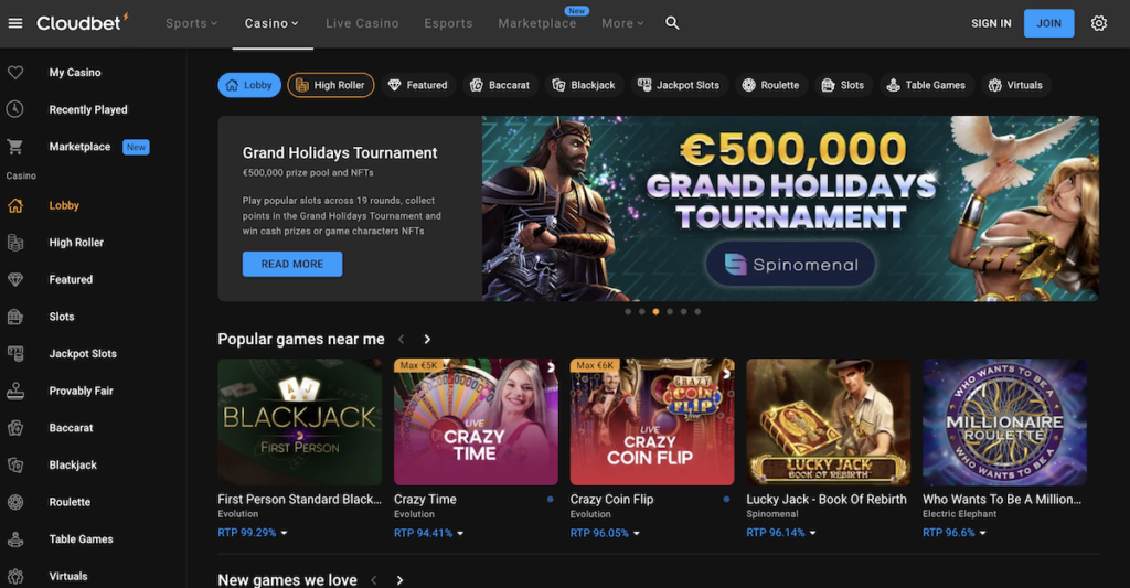 Interfaz del sitio de Cloudbet Casino