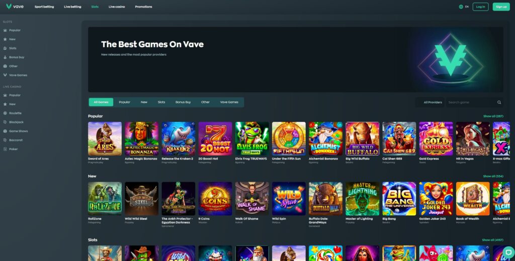 selección de juegos de casino Vave