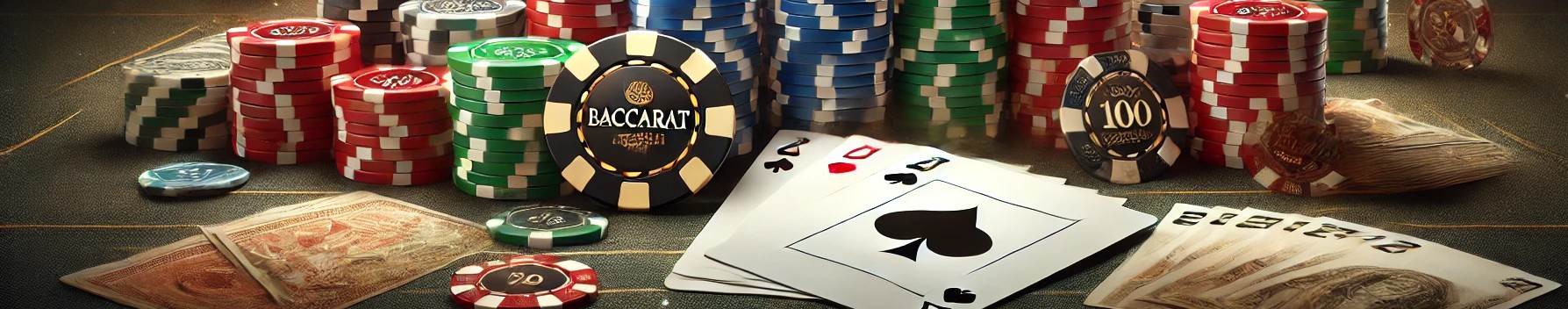 Imagen de un casino con fichas de baccarat y naipes sobre una mesa de casino.