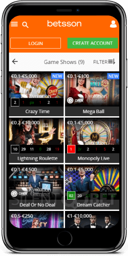 Casino Betsson en la pantalla del móvil. 