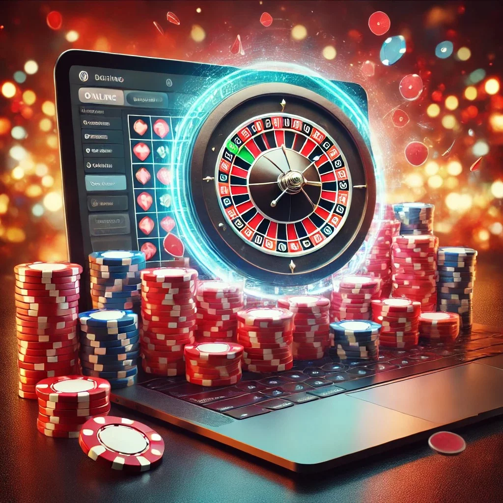 Roulette wheel emerging from a laptop screen