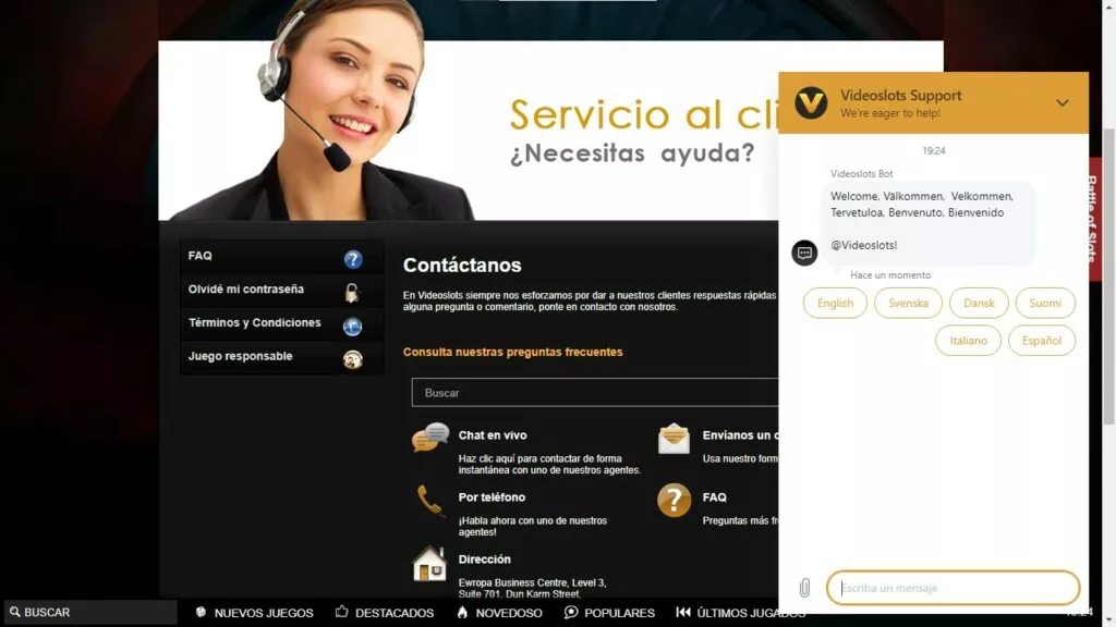 Servicio Al Cliente de Videoslots Casino